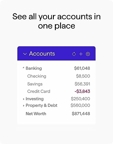 Dashboard showing financial accounts and net worth.