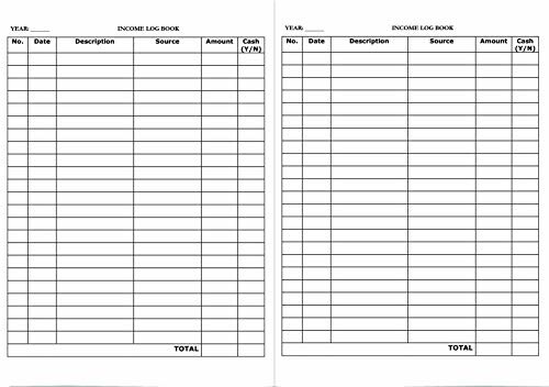 Blank income log book template with columns for date, description, source, and amount.
