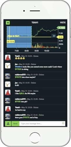 Mobile app showing stock chat and price chart.